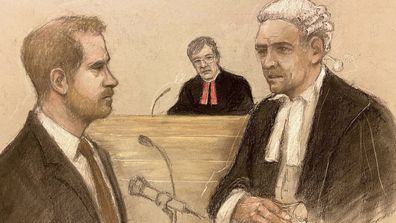 Court artist sketch by Elizabeth Cook Britain's Prince Harry being cross examined by Andrew Green KC, as he gives evidence at the Rolls Buildings in central London, Tuesday, June 6, 2023 during the phone hacking trial against Mirror Group Newspapers