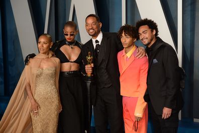 Will Smith with his sons Trey Smith and Jaden Smith, daughter Willow Smith and wife Jada Pinkett Smith attending the Vanity Fair Oscar Party held at the Wallis Annenberg Center for the Performing Arts in Beverly Hills, Los Angeles, California, USA. Picture date: Sunday March 27, 2022. (Photo by Doug Peters/PA Images via Getty Images)