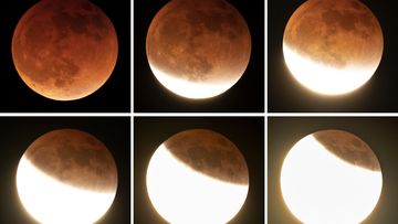 In this combination of photos, the moon shines during a full lunar eclipse, upper left, and then at various stages as it emerges from the earth&#x27;s shadow, Sunday, May 15, 2022, near Moscow, Idaho. The orange color of the moon is caused by the Moon passing into the shadow of the Earth. (AP Photo/Ted S. Warren)