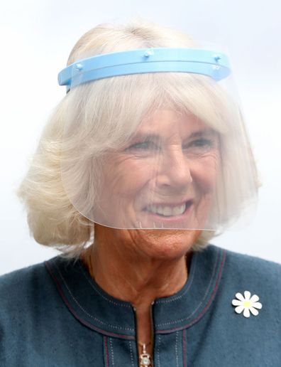 Camilla, Duchess of Cornwall, Patron of Medical Detection Dogs, wears a visor during a visit to the charity's training centre where trials are currently underway to determine whether dogs can act as a diagnostic tool of COVID-19 on September 09, 2020 in Milton Keynes, England