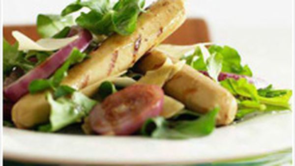 Lime and ginger sausages with rocket and parmesan