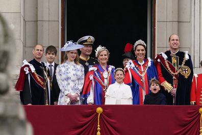 (left to right) the Duke of Edinburgh, the Earl of Wessex, Lady Louise Windsor, Vice Admiral Sir Tim Laurence ,the Duchess of Edinburgh, the Princess Royal, Princess Charlotte, the Princess of Wales, Prince Louis, the Prince of Wales on the balcony of Buckingham Palace, London, to view a flypast by aircraft from the Royal Navy, Army Air Corps and Royal Air Force - including the Red Arrows, following the coronation. Picture date: Saturday May 6, 2023. (Photo by Owen Humphreys/PA Images via Getty 