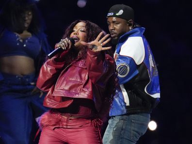 SZA and Kendrick Lamar peform during halftime of the NFL Super Bowl 59 football game between the Kansas City Chiefs and the Philadelphia Eagles, Sunday, Feb. 9, 2025, in New Orleans