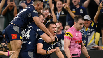 Scott Drinkwater of the Cowboys celebrates after scoring the winning try during the round 16 NRL match between North Queensland and Penrith.