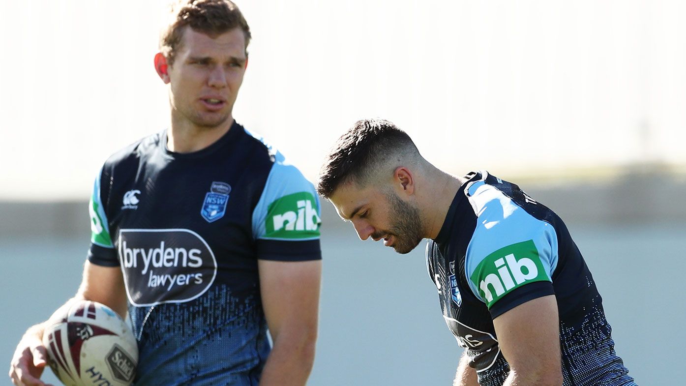 James Tedesco (R) speaks to Tom Trbojevic (L) during a New South Wales Blues State of Origin training session