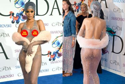 Rihanna cause quite a stir when she showed up in a barely-there mesh gown at this year's CDFA Awards. <br/><br/>True to form, the singer had no proverbial f---s to give.