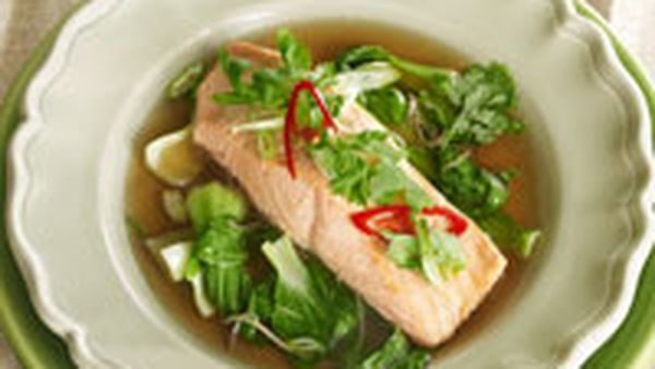 Ginger broth with salmon and pak choy