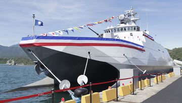 The new domestically made Taiwanese warship was docked after its commissioning ceremony.