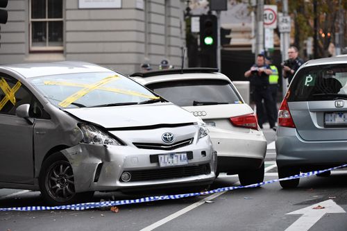 The scene of a Melbourne CBD accident where an Uber crashed into pedestrians. Picture: James Ross