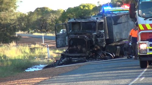 The driver of the truck just managed to escape his vehicle before it burst into flames. (9NEWS)