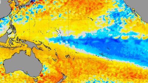 Current sea surface temperature anomalies in the Pacific Ocean, showing a distinctive La Niña pattern with cooler-than-average water in the central and eastern equatorial Pacific Ocean and warmer-than-average water in the western equatorial Pacific Ocean. 