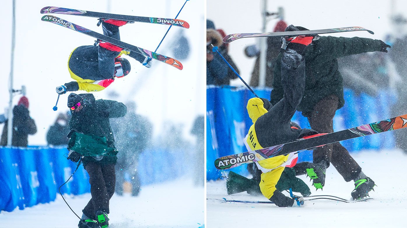 Finnish freestyle skier Jon Sallinen collides with cameraman during the Freeski Halfpipe qualifying