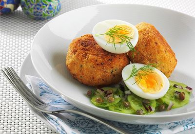 Recipe: <a href="/recipes/iegg/8892308/smoked-trout-patties-with-soft-boiled-egg-and-cucumber-dill-and-caper-salad" target="_top">Smoked trout patties</a>