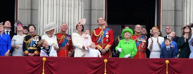 LONDON, ENGLAND - JUNE 11: Members of the Royal Family including;  Princess Anne, The Princess Royal,  Camilla, Duchess of Cornwall, Prince Charles, Prince of Wales, Catherine, Duchess of Cambridge, Princess Charlotte of Cambridge, Prince George, Prince William, Duke of Cambridge, Queen Elizabeth ll and Prince Philip, Duke of Edinburgh appear on the balcony of Buckingham Palace following the Trooping the Colour ceremony to mark the Queen's official 90th Birthday on June 11, 2016 in London, Engla