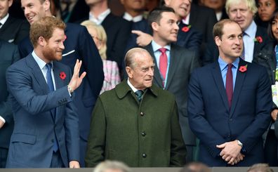 Prince Harry, Prince Philip, Duke of Edinburgh and Prince William, Duke of Cambridge attend the 2015 Rugby World Cup Final match between New Zealand and Australia 