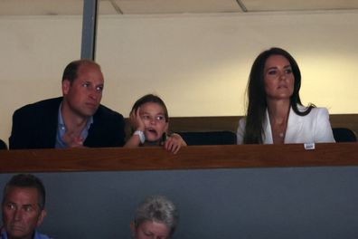 Prince William, Duke of Cambridge, Princess Charlotte of Cambridge and Catherine, Duchess of Cambridge look on ahead of Men's Horizontal Bar Final and Women's Floor Exercise Final on day five of the Birmingham 2022 Commonwealth Games at Arena Birmingham on August 02, 2022 on the Birmingham , England. 