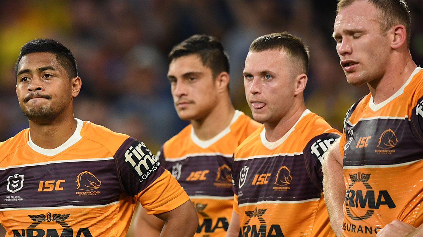 Brisbane players look on during their 58-0 thrashing at the hands of Parramatta.