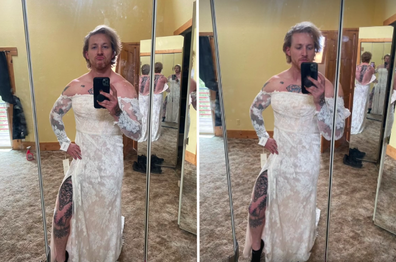 Muscle-bound veteran models ex-wife's wedding dress in hilarious sales attempt