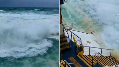 Bondi Icebergs ocean pool is being smashed by the huge swell.