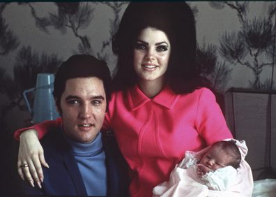 FILE -Elvis Presley poses with wife Priscilla and daughter Lisa Marie, in a room at Baptist hospital in Memphis, Tenn., on Feb. 5, 1968.  Lisa Marie Presley, a singer, Elvis only daughter and a dedicated keeper of her fathers legacy, died Thursday, Jan. 12, 2023 after being hospitalized for a medical emergency. (AP Photo/File)