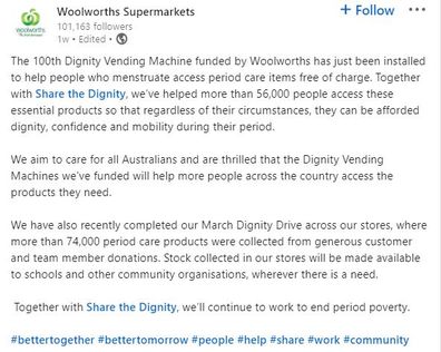 Woolworths LinkedIn post