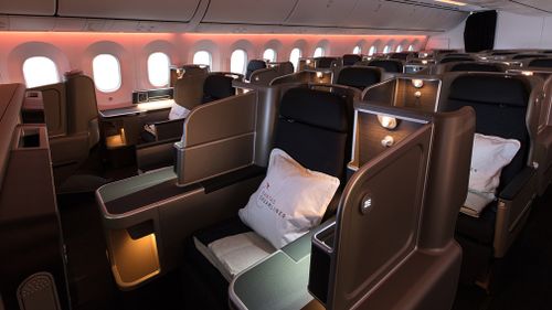 A business class cabin inside the new Qantas 787-9 Dreamliner. (Qantas)