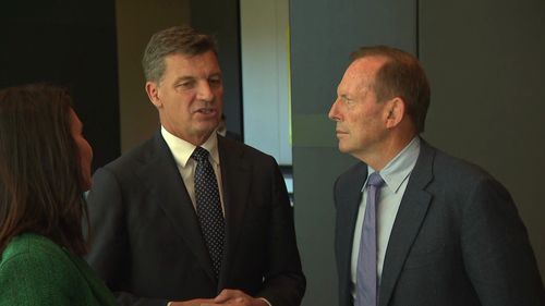 Opposition leader Angus Taylor with new Liberal president Tony Abbott and deputy leader Jane Hume.