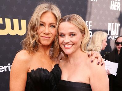 Jennifer Aniston and Reese Witherspoon attend the 29th Annual Critics Choice Awards at Barker Hangar on January 14, 2024 in Santa Monica, California. (Photo by Kevin Mazur/Getty Images for Critics Choice Association)