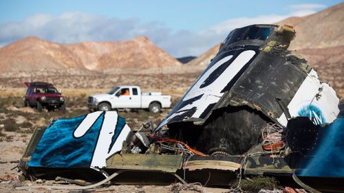 The wreckage of SpaceShipTwo in the Mojave Desert. (AAP)