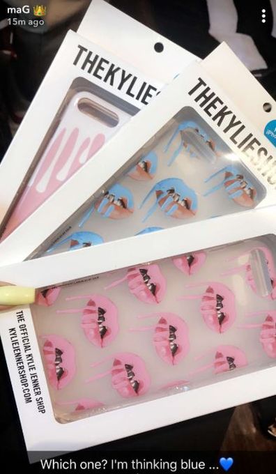 Kylie Jenner, cosmetics, phone case, pink, blue