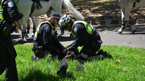 ADELAIDE, AUSTRALIA - JANUARY 26: Members of the National Socialist Network (NSN) are arrested as they hold in the East2 Parklands a counter protest on North Terrace on January 26, 2025 in Adelaide, Australia. Australia Day, formerly known as Foundation Day, is the official national day of Australia and is celebrated annually on January 26 to commemorate the arrival of the First Fleet to Sydney in 1788. Many indigenous Australians refer to the day as 'Invasion Day' and there is a small but growi