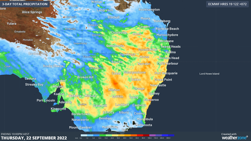 Forecast accumulated rain during the 72 hours ending at 10pm AEST on Thursday, September 22.