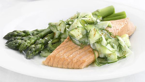 Poached trout with cucumber yoghurt salad