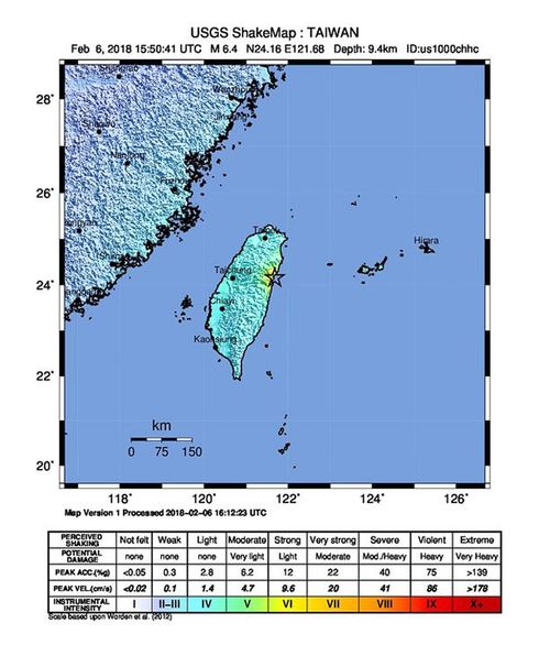 In a handout image from the USGS, the quake can be seen striking about 21km off the coast of Hualien. (AAP)