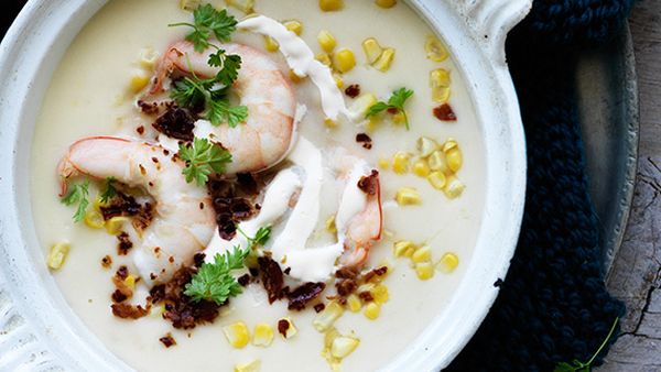 Australian prawn and sweet corn chowder with cheddar scones