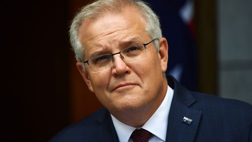 Prime Minister Scott Morrison holds a news conference in Canberra.