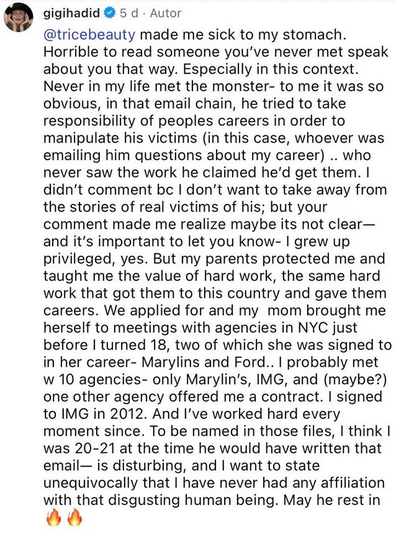 Gigi Hadid's response to being named in Epstein files
