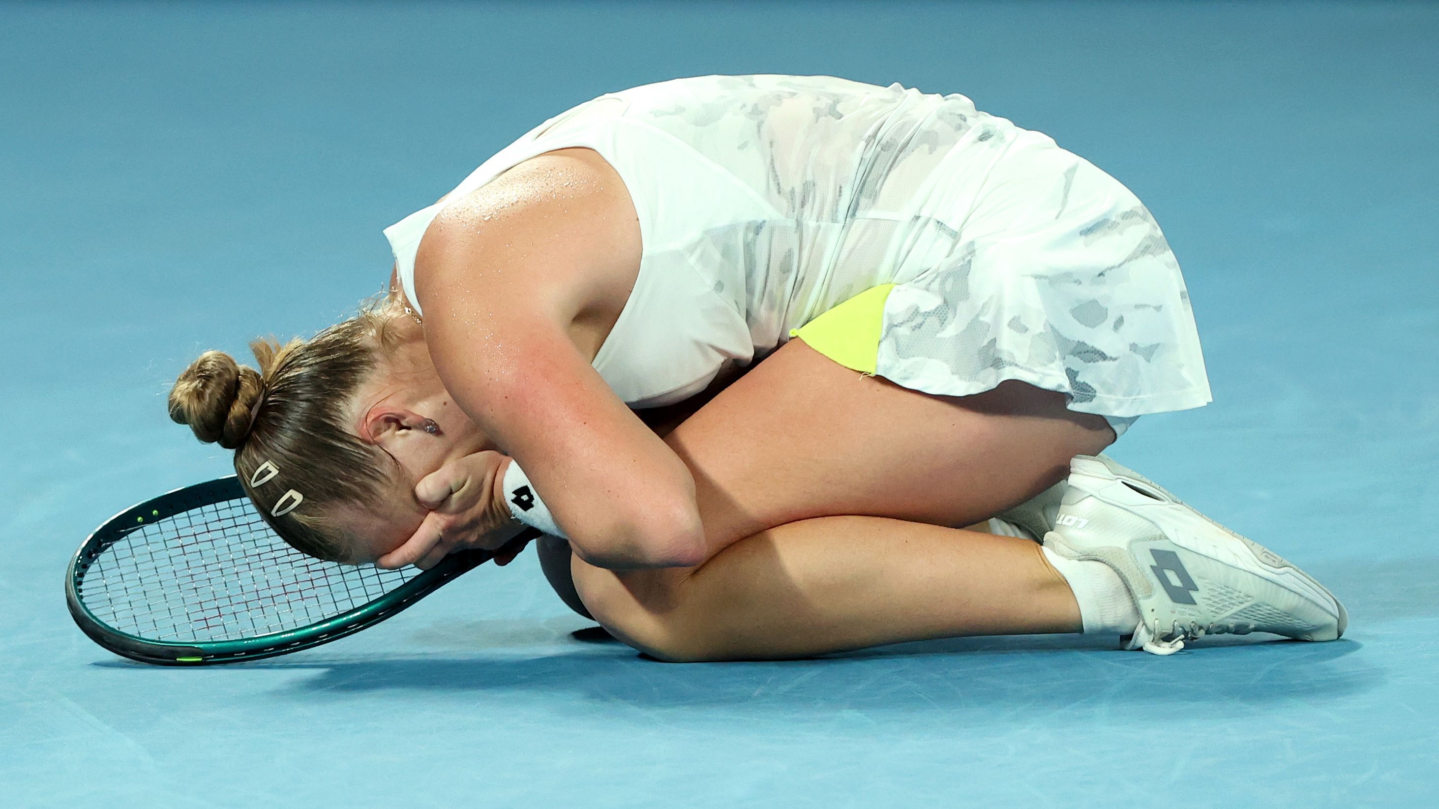 Russia&#x27;s Anna Blinkova celebrates match point in their round two singles match against Elena Rybakina of Kazakhstan.