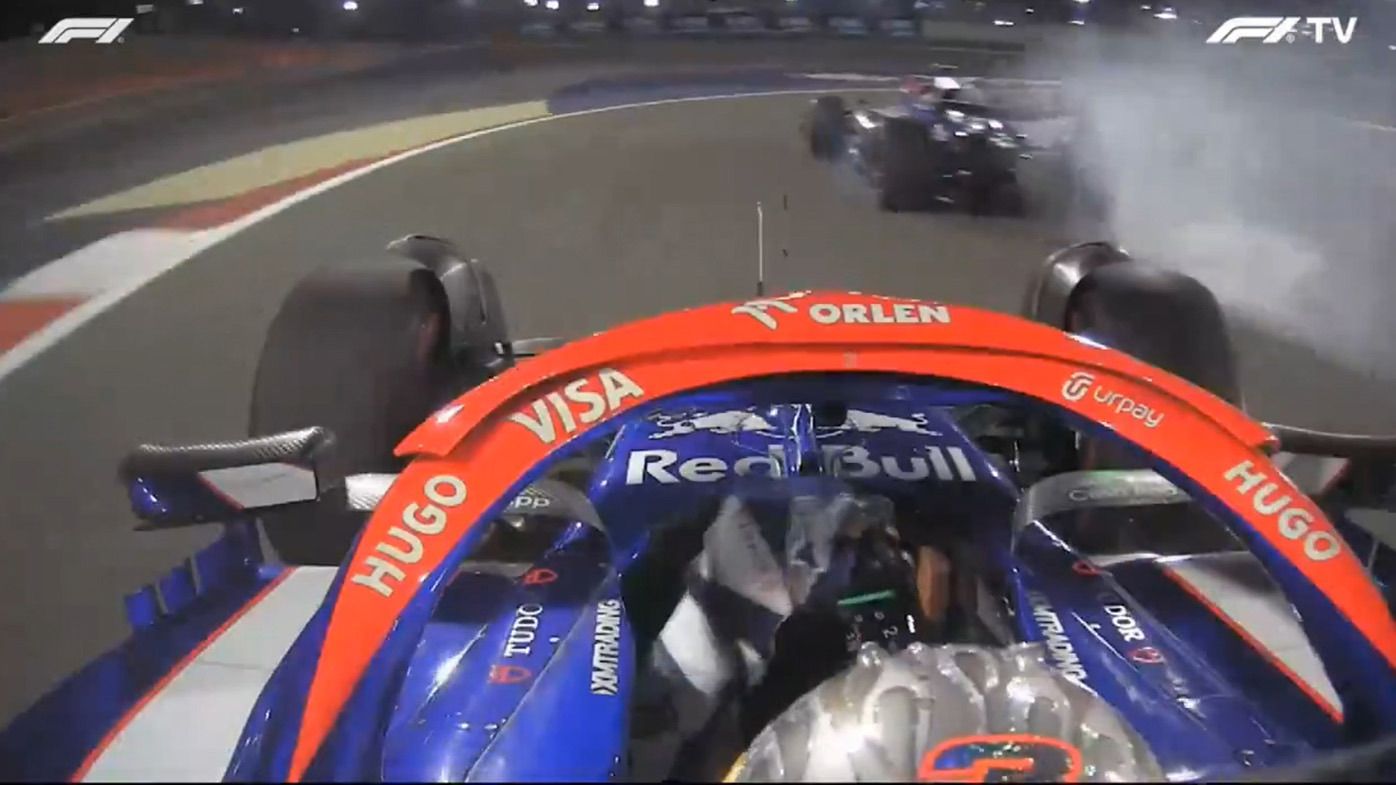 An onboard still from Daniel Ricciardo as Yuki Tsunoda locks up after a dive bomb on the cool down lap after the Bahrain Grand Prix.