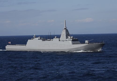 The Japan Maritime Self-Defence Force stealth frigate JS Mogami (FFM-1) participates in an International Fleet Review.