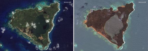 This combination of this satellite images provided by Maxar Technologies shows an overview of Nomuka in the Tonga island group on Aug. 17, 2020, left, and Jan. 20, 2022, right, showing the damage after the Jan. 15 eruption.
