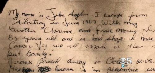 A fragment of the letter purpotedly written by John Anglin and, above, the letter in whole. Credit: KPIX 5