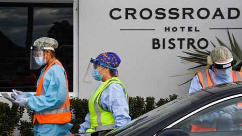 Testing station for Covid 19 at the Crossroads Hotel, Casula.