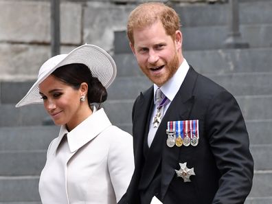 LONDON, ENGLAND - JUNE 03: Meghan, Duchess of Sussex and Prince Harry, Duke of Sussex depart the National Service of Thanksgiving at St Paul's Cathedral on June 03, 2022 in London, England. The Platinum Jubilee of Elizabeth II is being celebrated from June 2 to June 5, 2022, in the UK and Commonwealth to mark the 70th anniversary of the accession of Queen Elizabeth II on 6 February 1952.  (Photo by Chris J Ratcliffe/Getty Images)