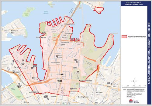 A perimeter has been set up for the Sydney CBD during the ASEAN Summit in which police can close streets, remove vehicles and conduct random searches. Picture: NSW Police.