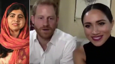 Harry and Meghan talk to Malala about female education via Zoom.