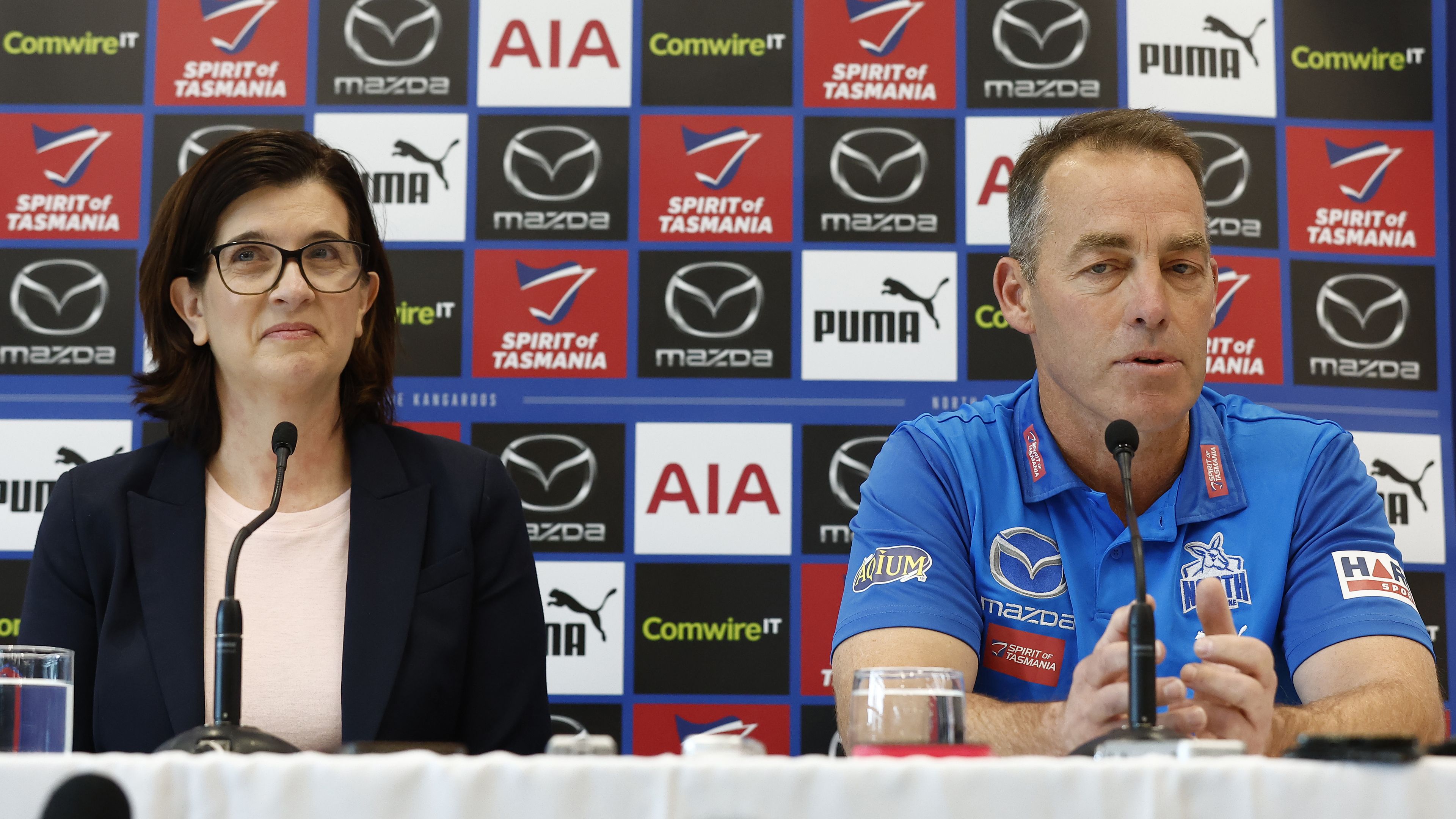 North Melbourne president Sonja Hood and incoming coach Alastair Clarkson address the media.