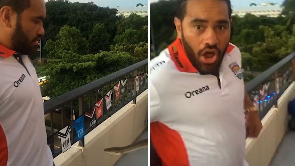 Tongan centre Konrad Hurrell falls victim to snake prank bite from NRL World Cup teammate Andrew Fifita