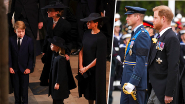 Prince William, Catherine, Princess of Wales, Prince Harry and Meghan at the Queen&#x27;s funeral.