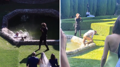 Wedding fail photographer falls into pond.